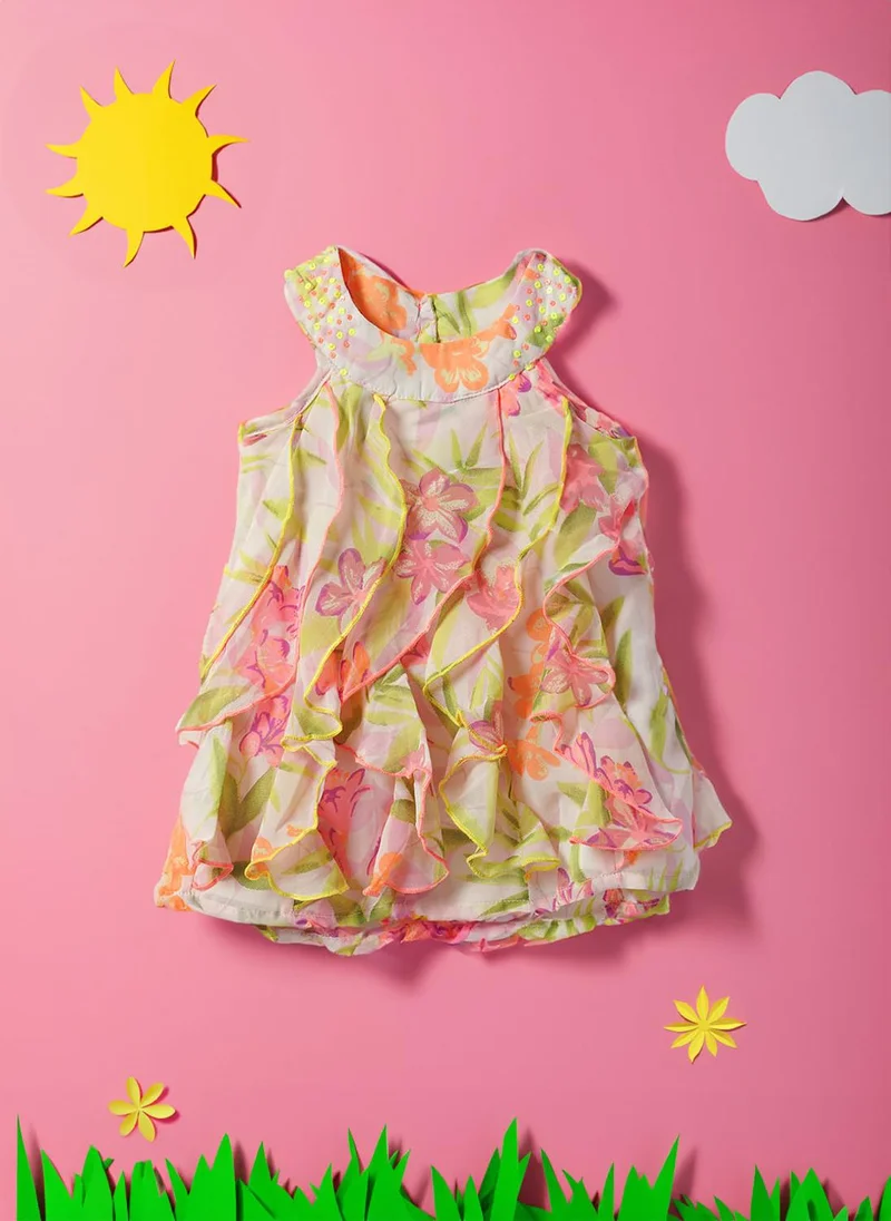 نوتيناتي فستان بناتي جورجيت بطبعات زهور كاملة وكشكشة وخط  مع ترتر متعدد الألوان على الرقبة